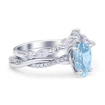 Teardrop Pear Twisted Infinity Style Bridal Two Piece Engagement Ring Simulated Aquamarine 925 Sterling Silver Wholesale